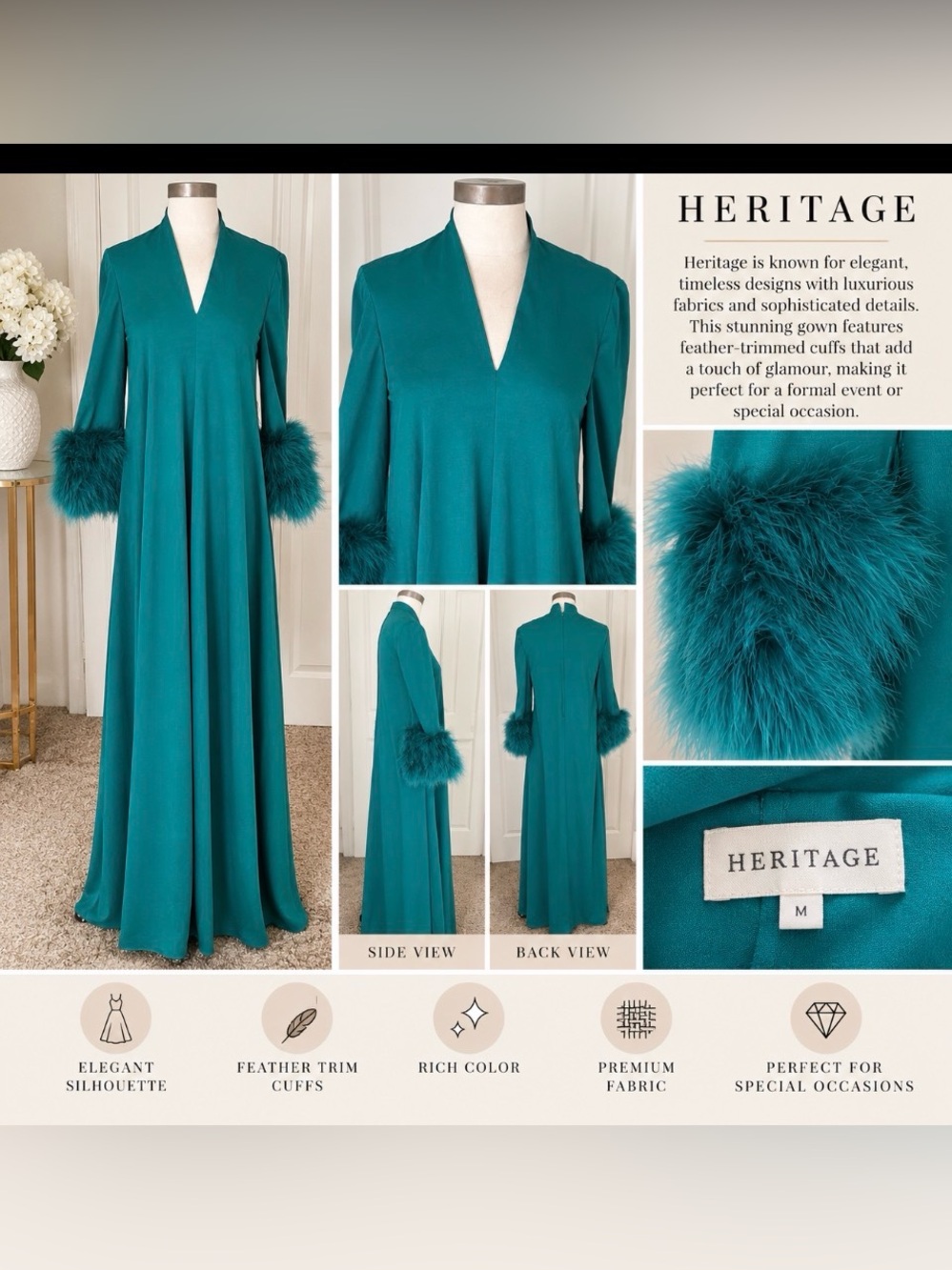 Heritage Teal Feather-Cuff Maxi robe Jersey girl robe vintage size 8